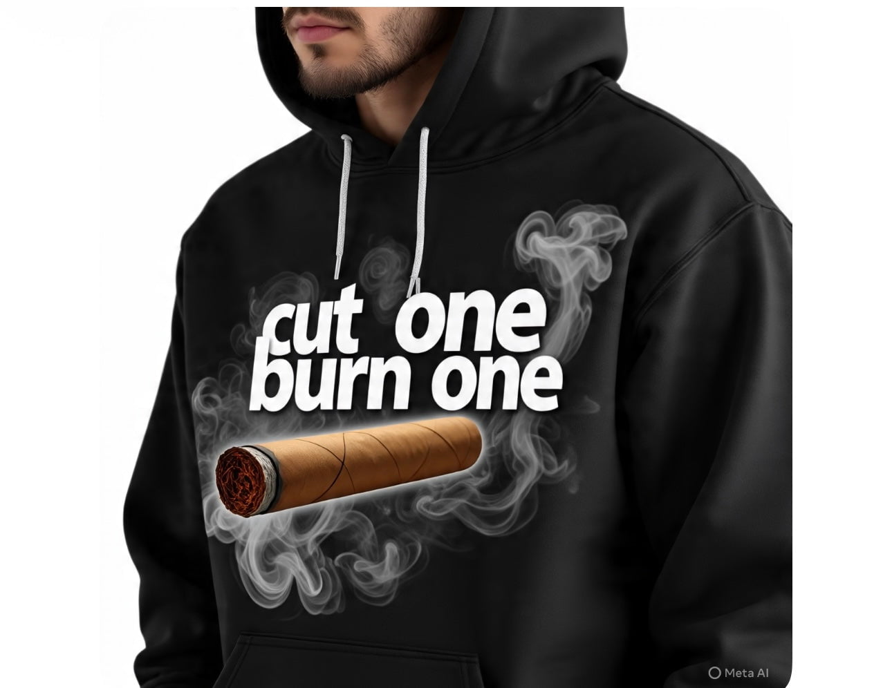 Black hoodie with a graphic of a cigar and text 'cut one burn one' on a white background