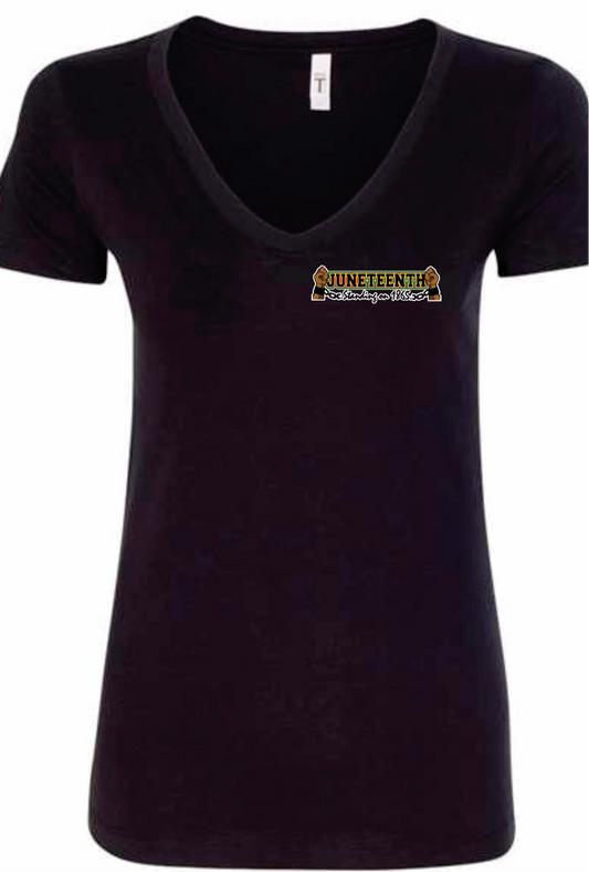 Standing on 1865 Women, black V-neck on the front small left side