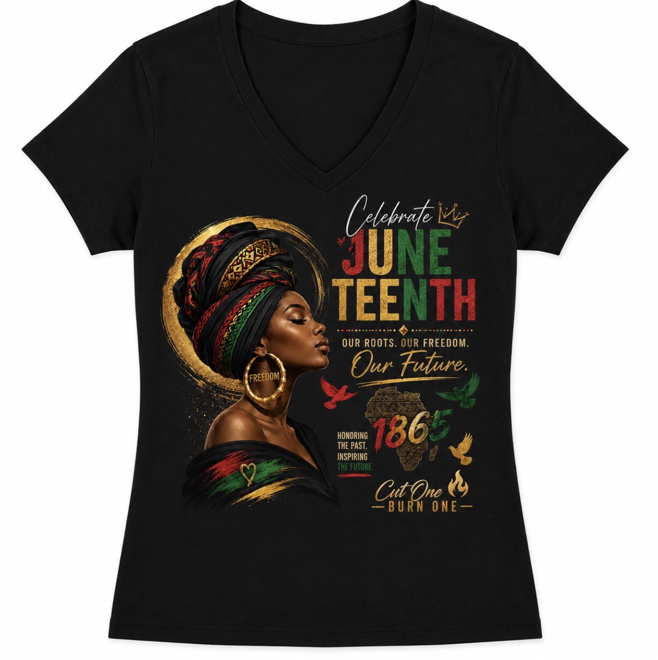 Celebrate Juneteenth V-Neck Tee – Our Roots, Our Freedom, Our Future